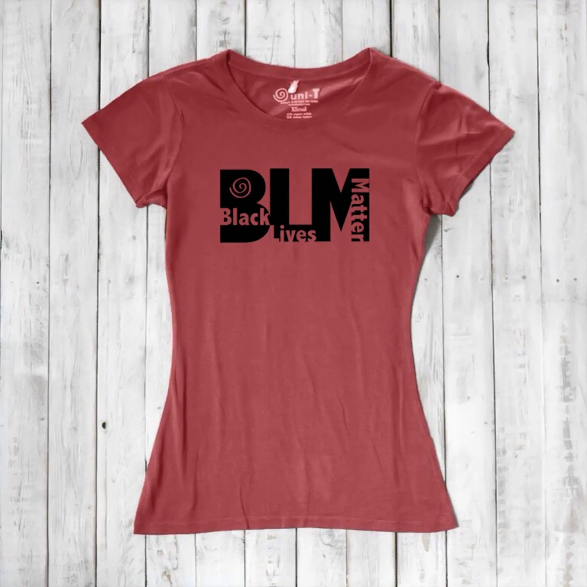 Red Women's BLM T-Shirt in bamboo and organic cotton. Bold social justice graphic tee for activists by Uni-T.