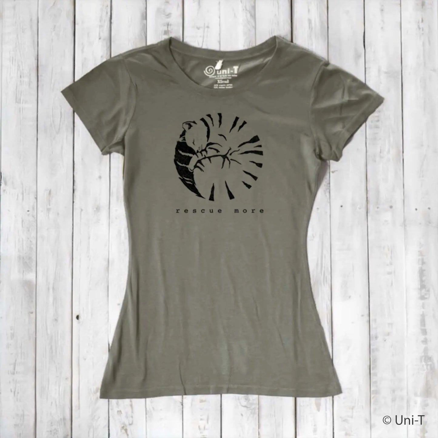 Women's cat t-shirt in olive green bamboo and organic cotton with 'Rescue More' graphic. Eco-friendly gift for cat lovers.