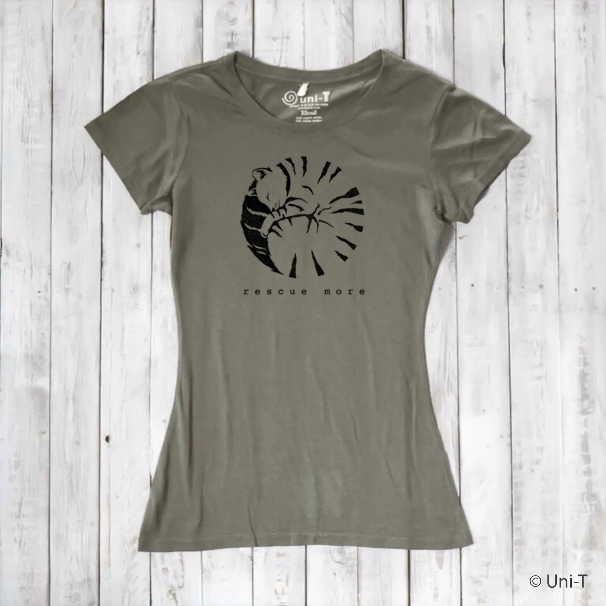 Women's cat t-shirt in olive green bamboo and organic cotton with 'Rescue More' graphic. Eco-friendly gift for cat lovers.