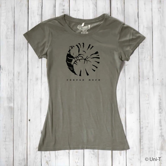 Women's cat t-shirt in olive green bamboo and organic cotton with 'Rescue More' graphic. Eco-friendly gift for cat lovers.