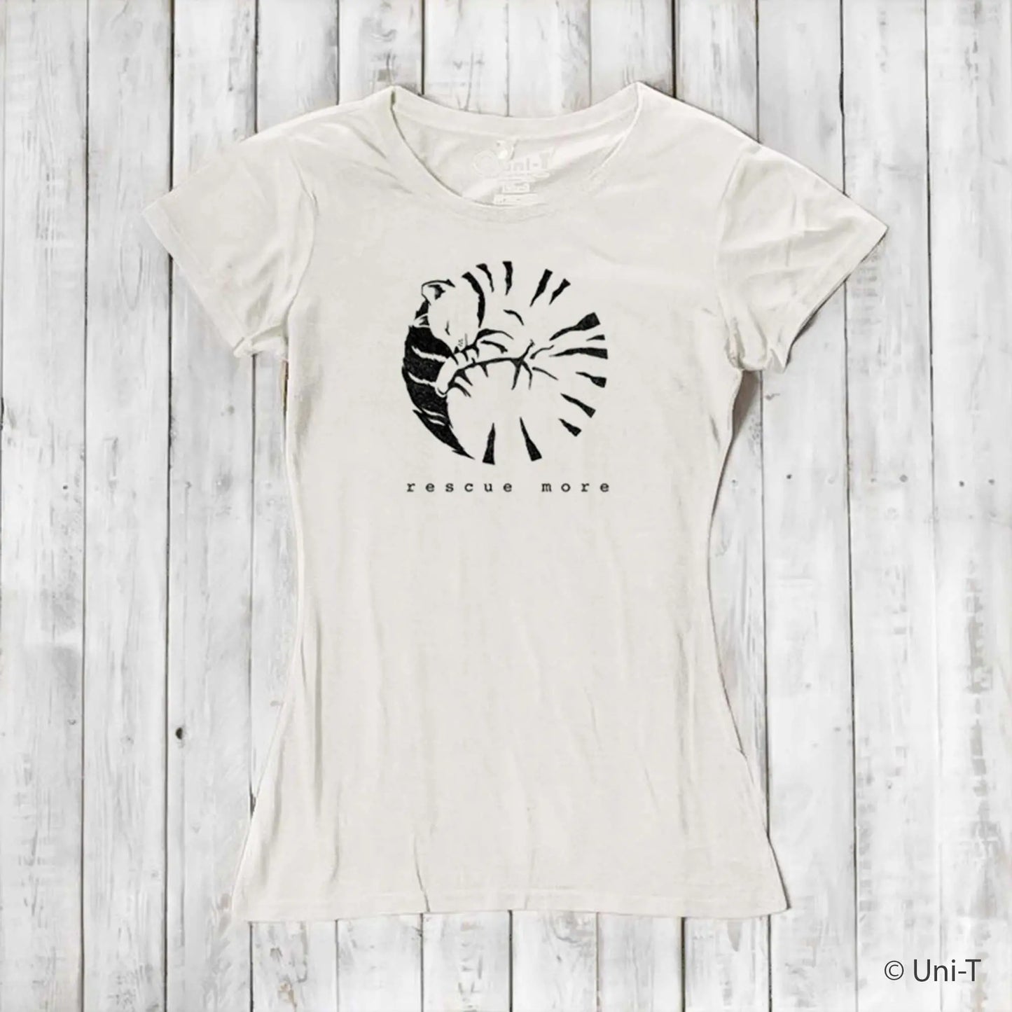 Sustainable white women's cat t-shirt made from bamboo and organic cotton featuring 'Rescue More' graphic. Ideal for eco-conscious pet lovers.