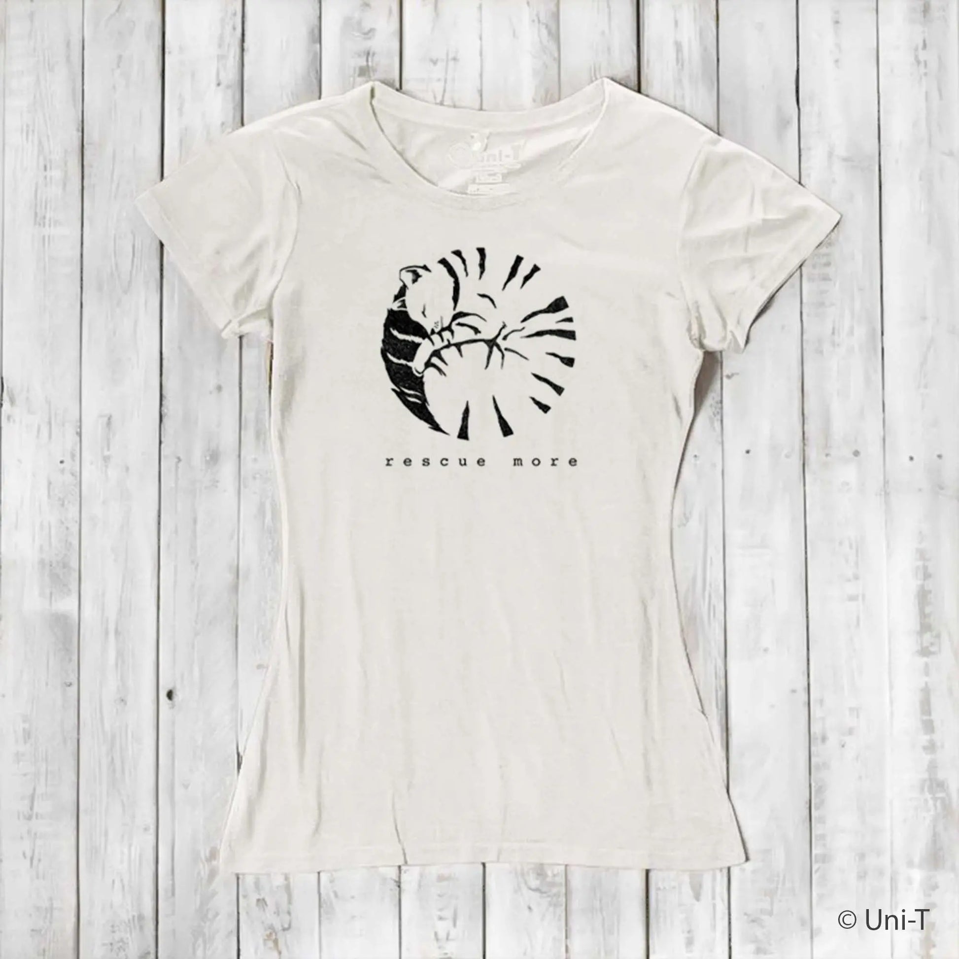 Sustainable white women's cat t-shirt made from bamboo and organic cotton featuring 'Rescue More' graphic. Ideal for eco-conscious pet lovers.