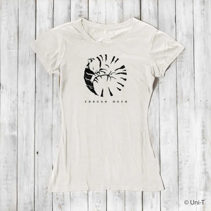 Sustainable white women's cat t-shirt made from bamboo and organic cotton featuring 'Rescue More' graphic. Ideal for eco-conscious pet lovers.