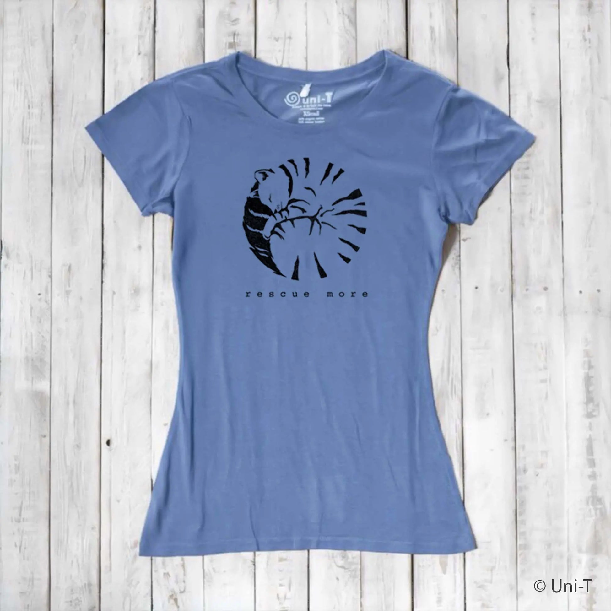 Blue women's cat graphic t-shirt in bamboo and organic cotton with 'Rescue More' message. Sustainable fashion for pet enthusiasts.