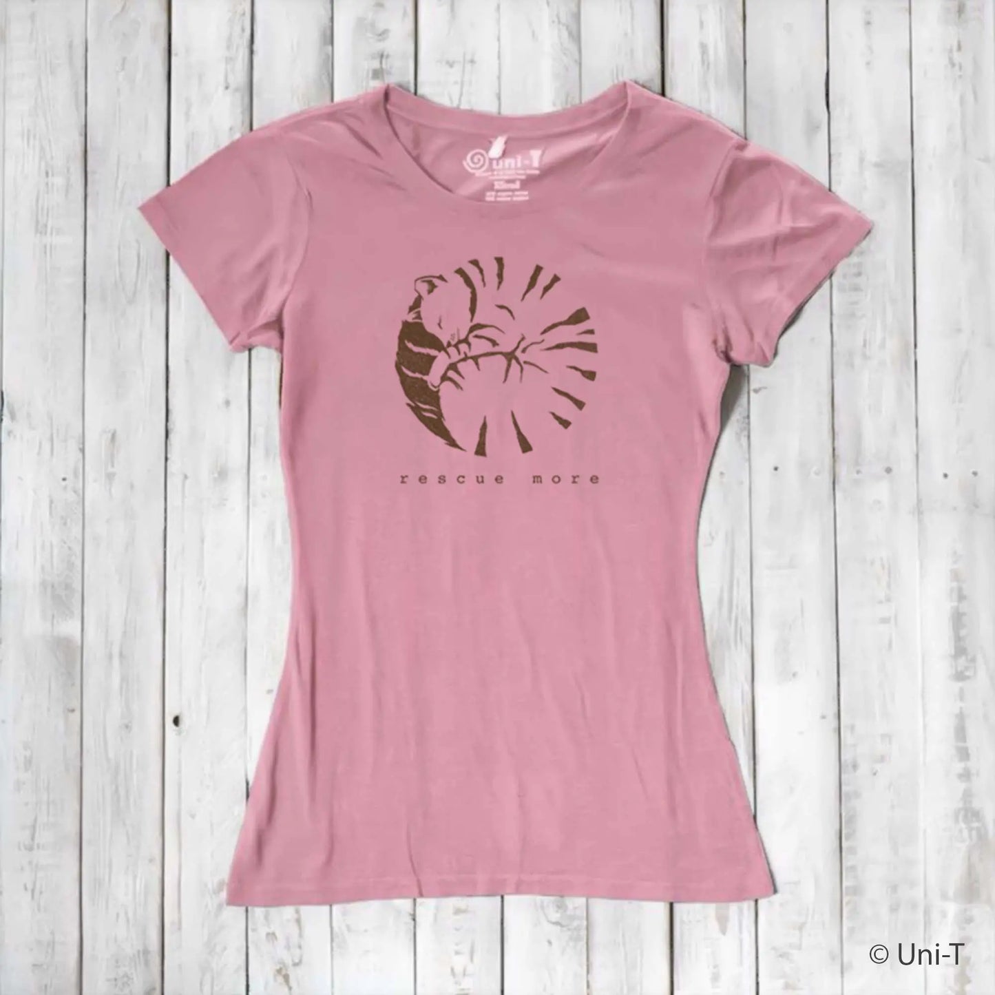 Pink bamboo and organic cotton women's cat t-shirt with 'Rescue More' design. Eco-conscious gift for cat lovers.