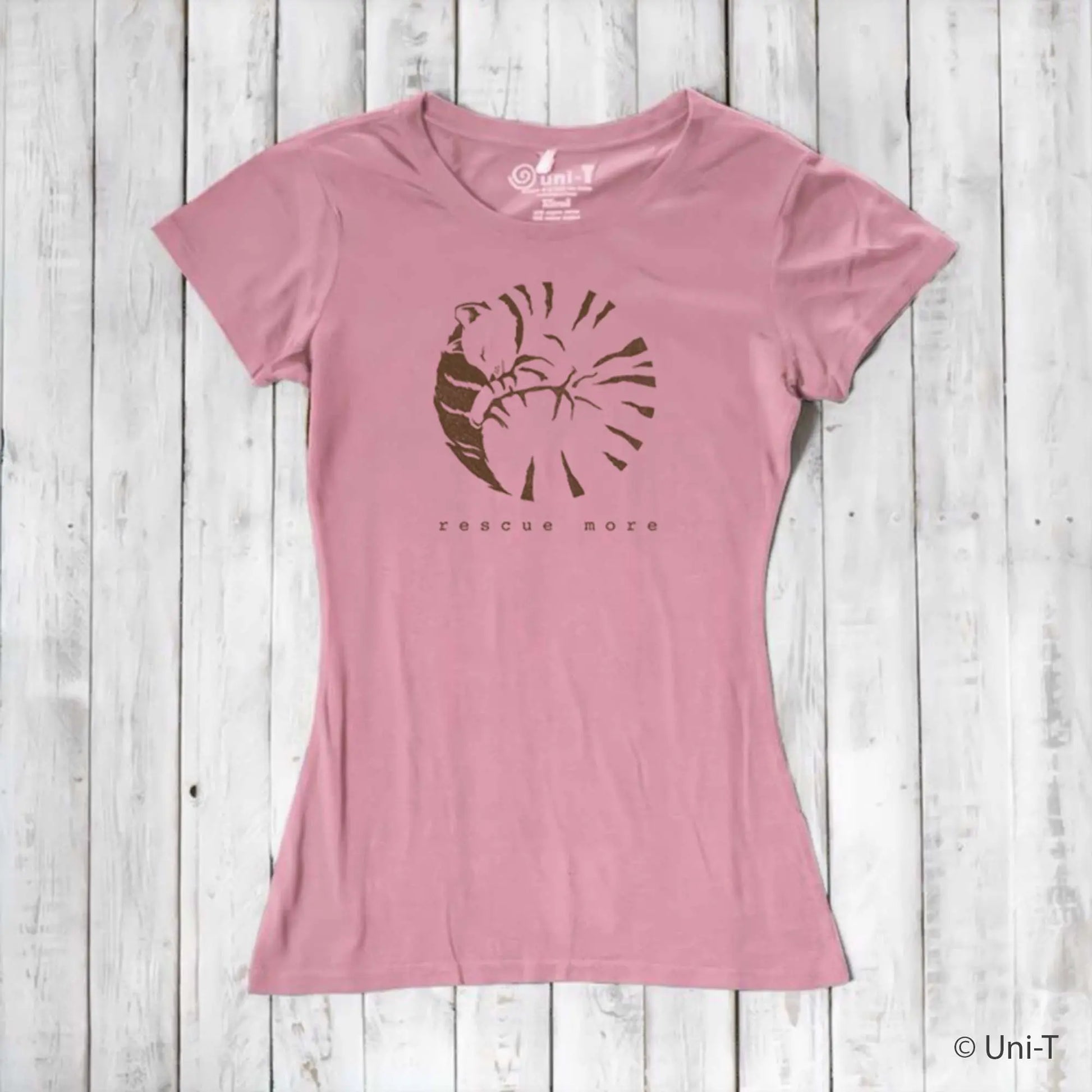Pink bamboo and organic cotton women's cat t-shirt with 'Rescue More' design. Eco-conscious gift for cat lovers.