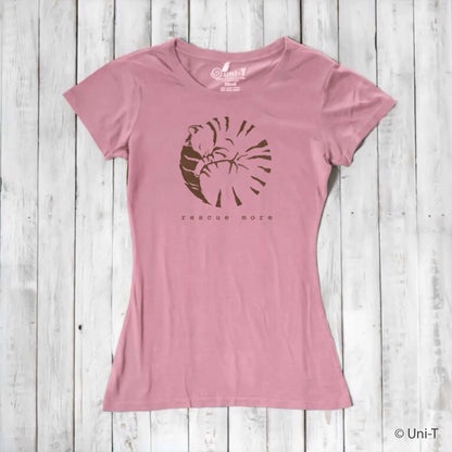 Pink bamboo and organic cotton women's cat t-shirt with 'Rescue More' design. Eco-conscious gift for cat lovers.
