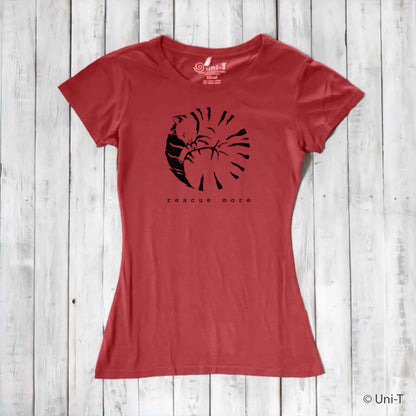 Red women's cat t-shirt in bamboo and organic cotton with 'Rescue More' print. Sustainable and stylish for animal advocates.