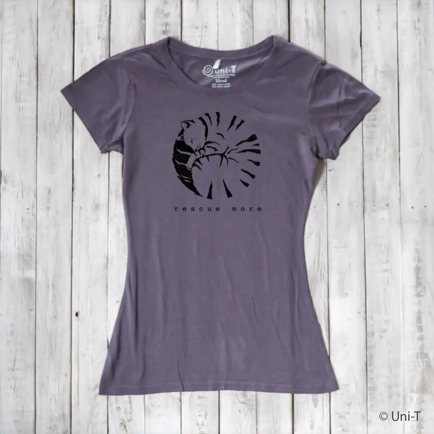 Purple women's bamboo and organic cotton cat t-shirt with 'Rescue More' graphic. Eco-friendly apparel for pet lovers.