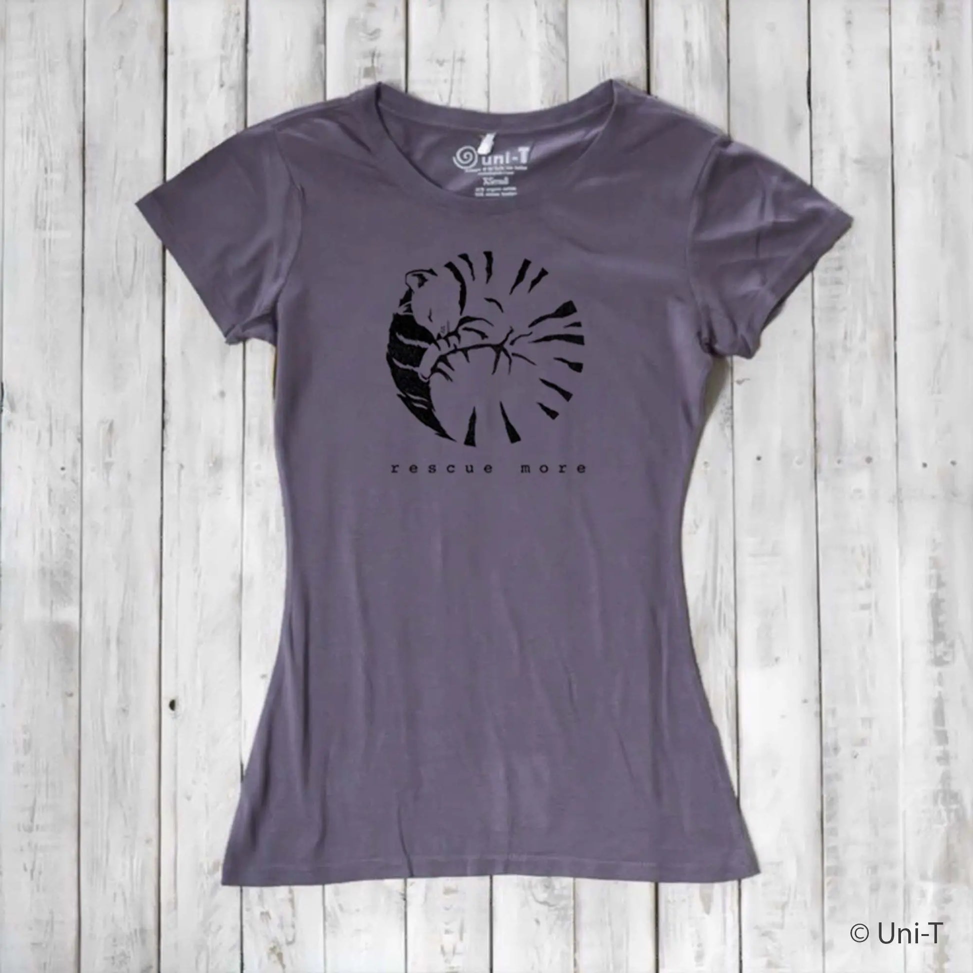 Purple women's bamboo and organic cotton cat t-shirt with 'Rescue More' graphic. Eco-friendly apparel for pet lovers.