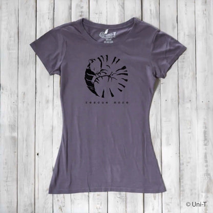 Purple women's bamboo and organic cotton cat t-shirt with 'Rescue More' graphic. Eco-friendly apparel for pet lovers.
