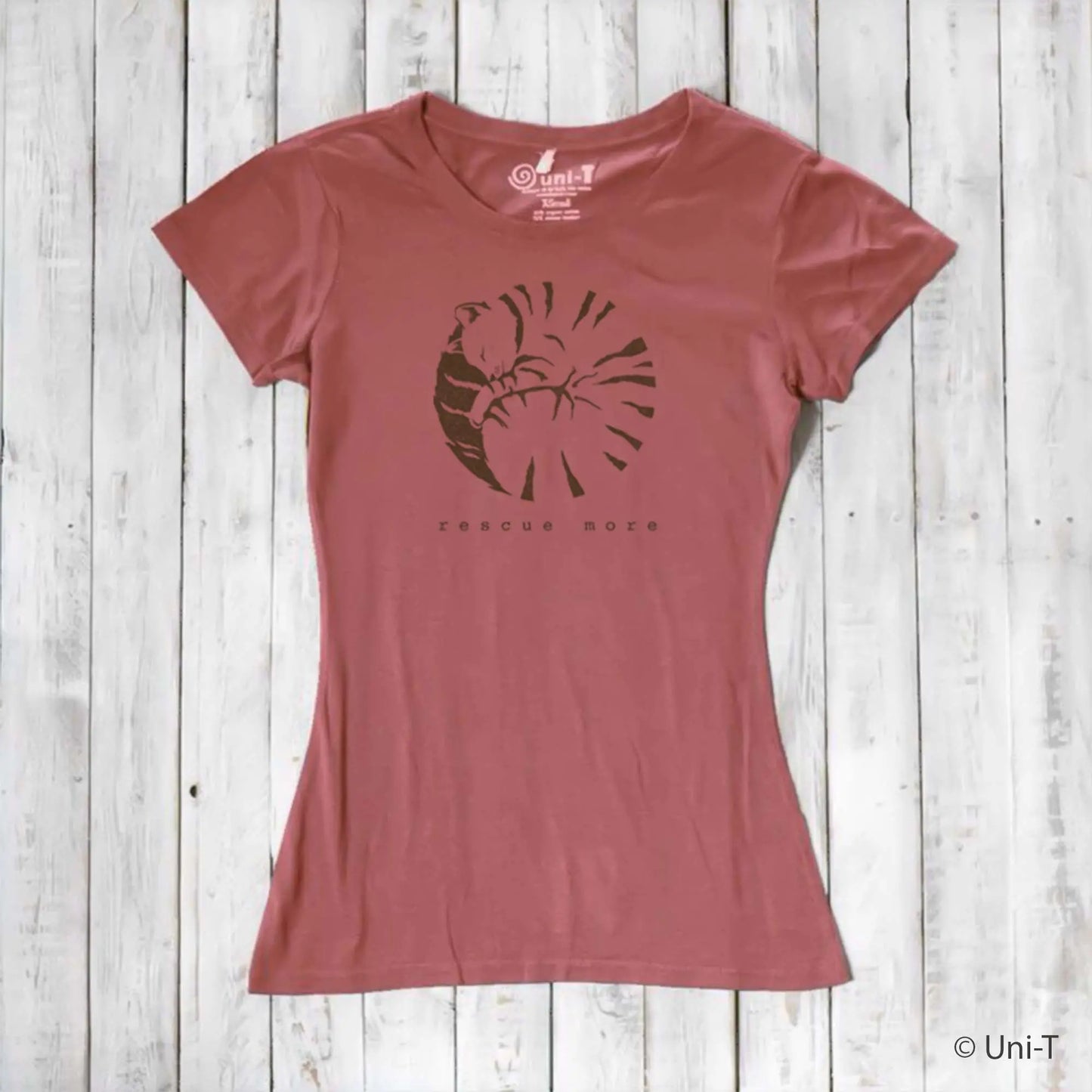Terracotta bamboo and organic cotton women's cat t-shirt with 'Rescue More' design. Sustainable tee for cat enthusiasts.