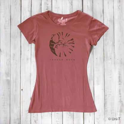 Terracotta bamboo and organic cotton women's cat t-shirt with 'Rescue More' design. Sustainable tee for cat enthusiasts.
