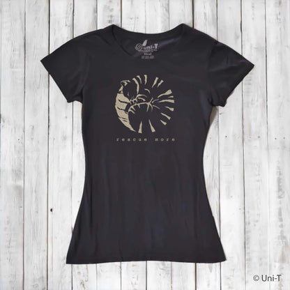 Black women's cat t-shirt in bamboo and organic cotton with beige 'Rescue More' print. Eco-conscious fashion for animal lovers.
