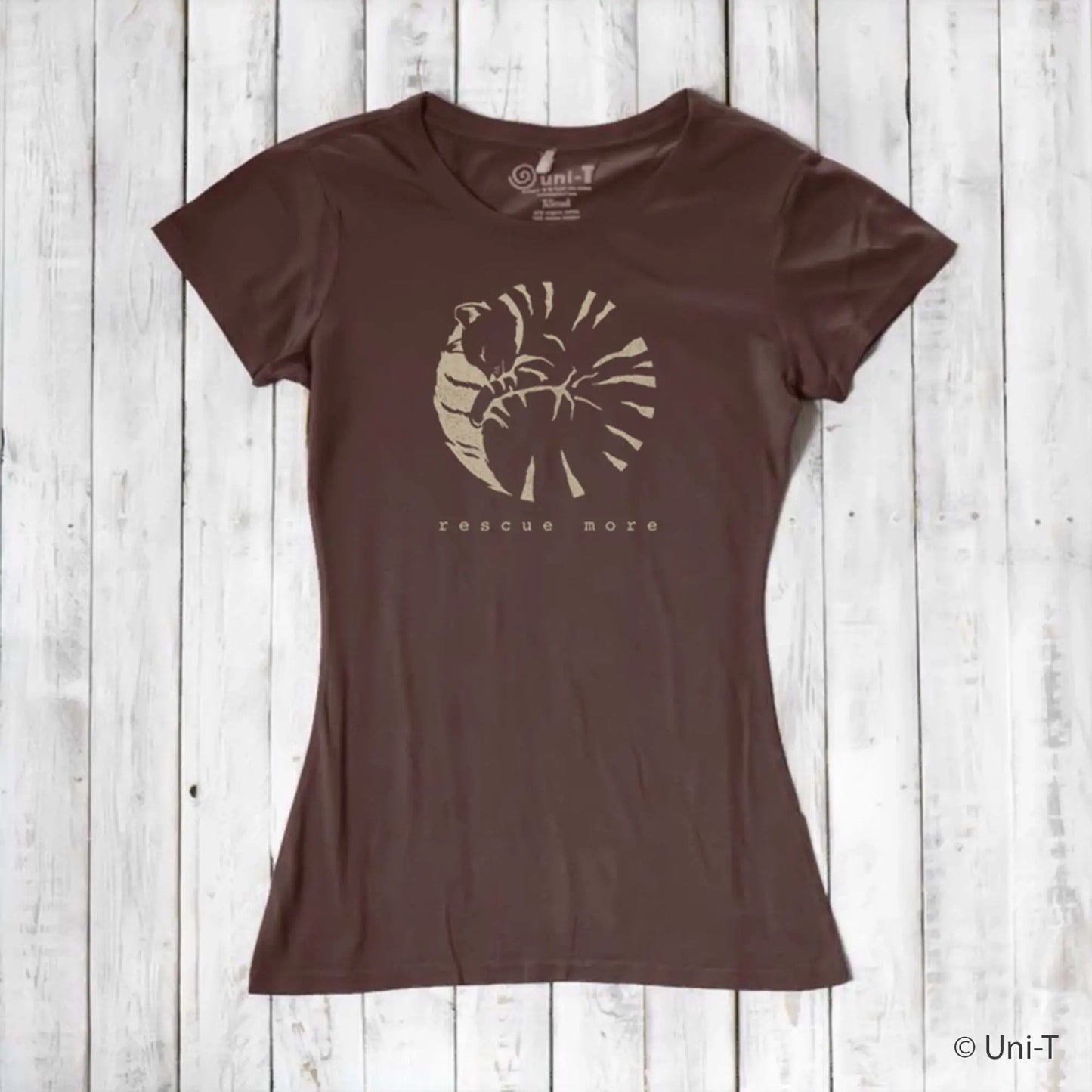 Brown bamboo and organic cotton women's cat t-shirt with light 'Rescue More' graphic. Ideal sustainable gift for cat lovers.