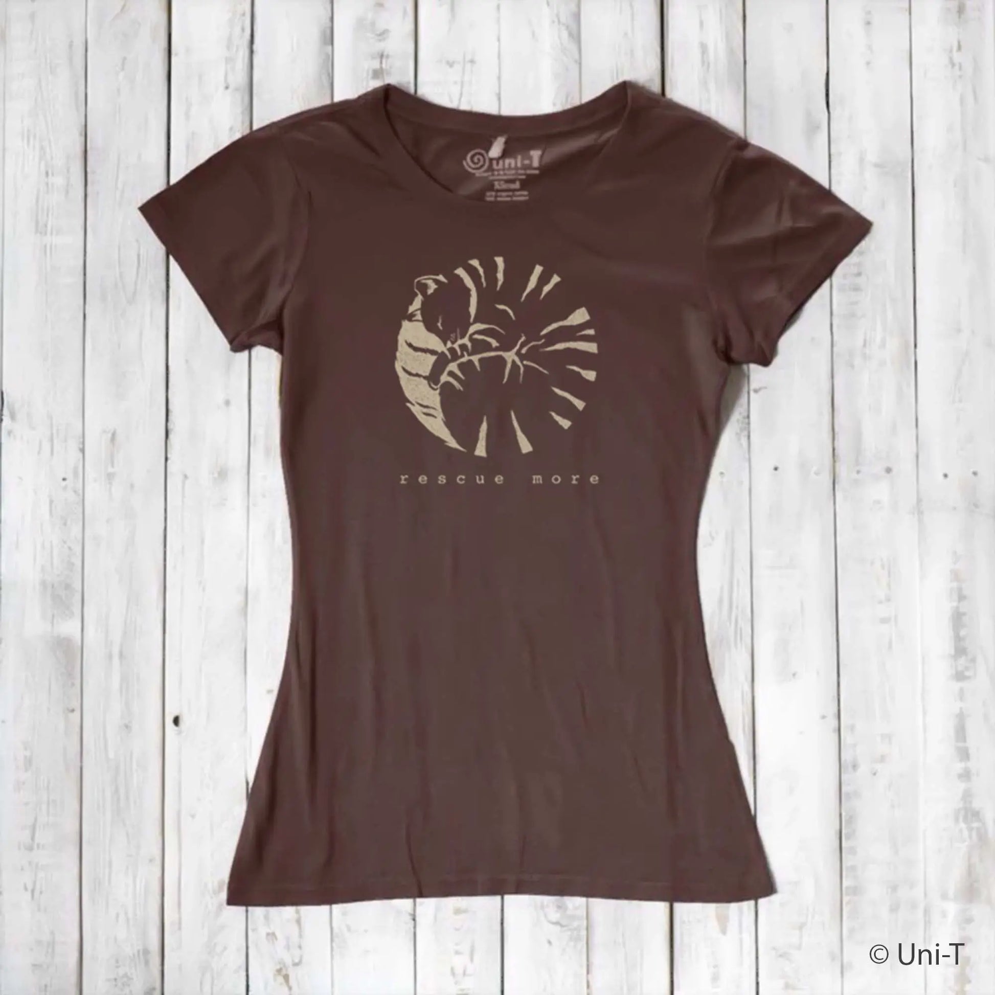 Brown bamboo and organic cotton women's cat t-shirt with light 'Rescue More' graphic. Ideal sustainable gift for cat lovers.