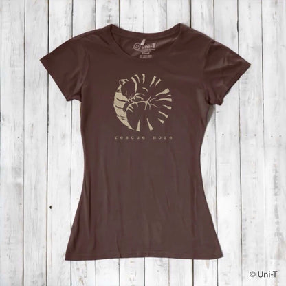 Brown bamboo and organic cotton women's cat t-shirt with light 'Rescue More' graphic. Ideal sustainable gift for cat lovers.