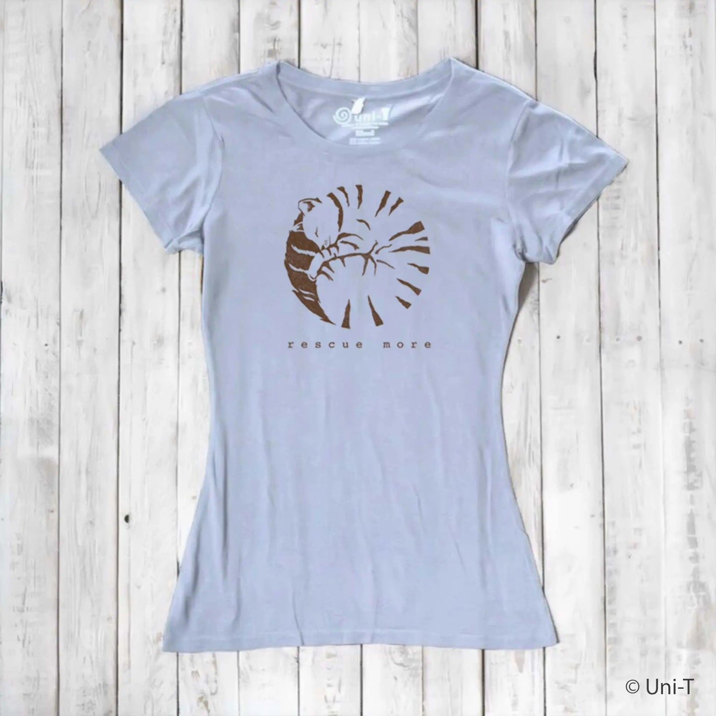 Light blue women's cat t-shirt in bamboo and organic cotton with brown 'Rescue More' print. Eco-friendly and soft for pet lovers.