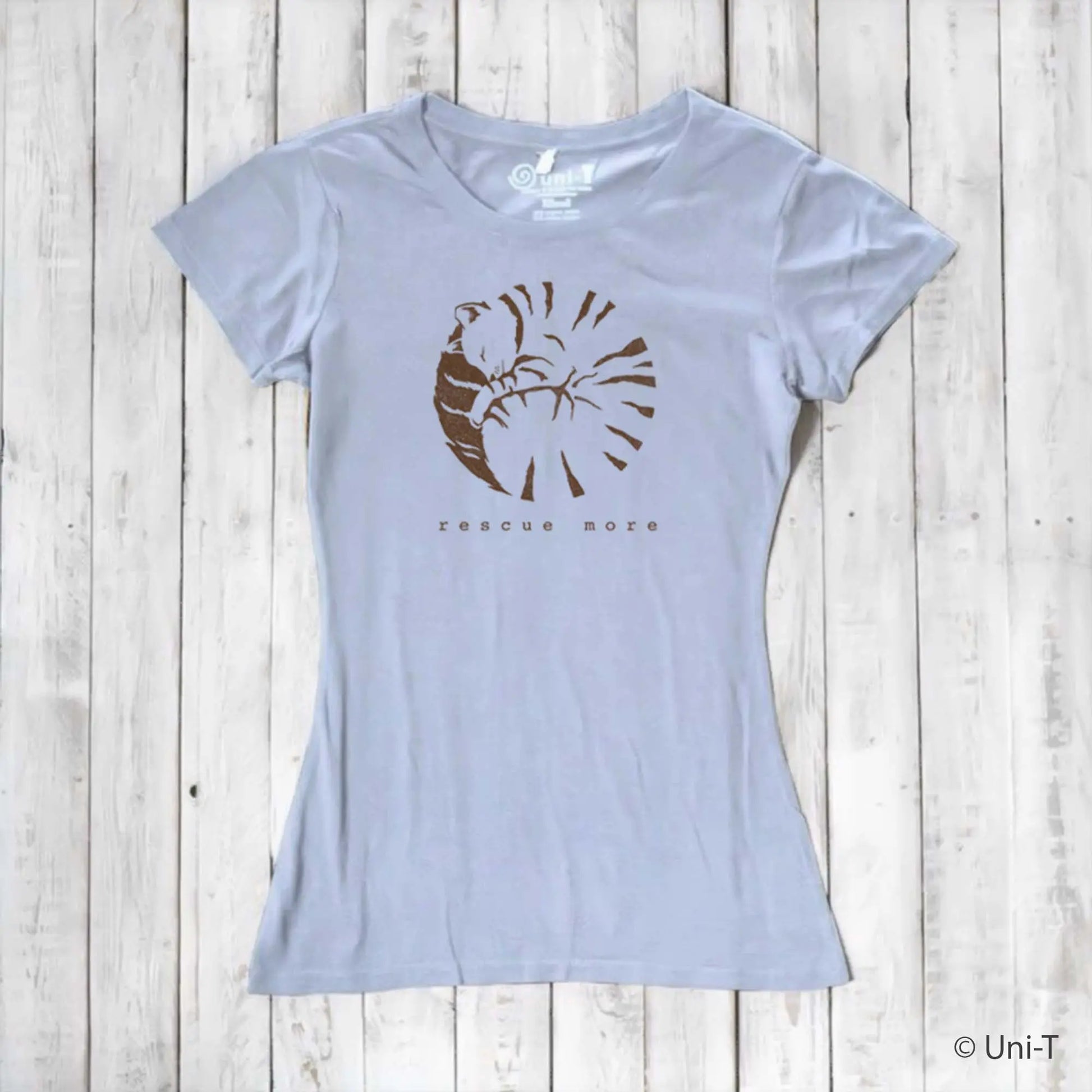 Light blue women's cat t-shirt in bamboo and organic cotton with brown 'Rescue More' print. Eco-friendly and soft for pet lovers.
