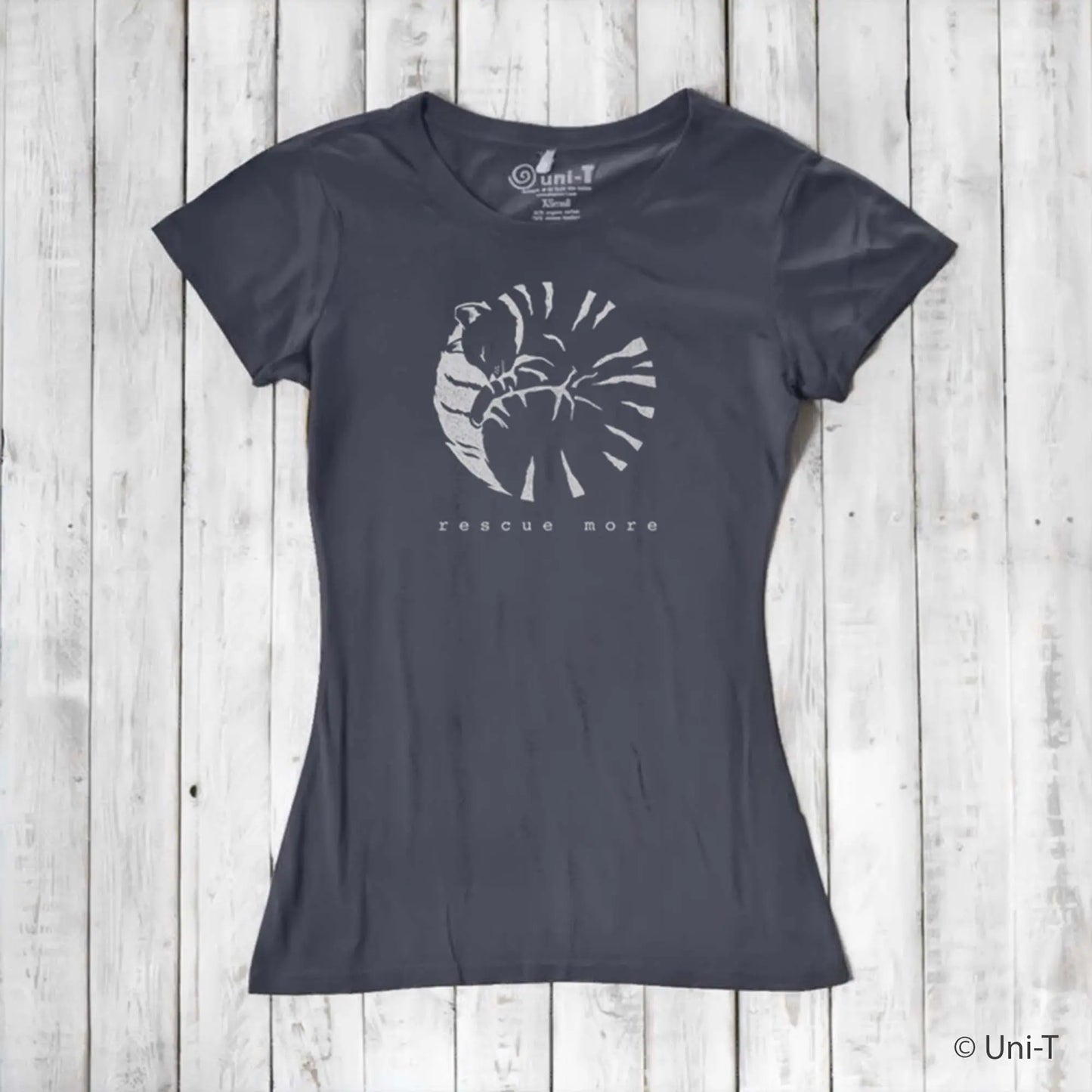 Charcoal gray women's bamboo and organic cotton cat t-shirt with silver 'Rescue More' graphic. Sustainable tee for animal advocates.