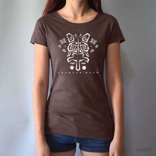 Brown bamboo and organic cotton women's t-shirt with white butterfly art and 'Inspire More' text. Eco-friendly inspirational graphic tee by Uni-T.