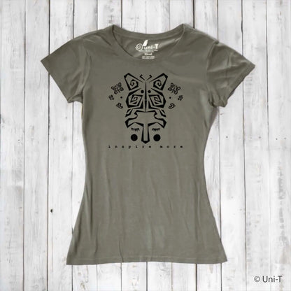 Olive green women's bamboo and organic cotton t-shirt with black butterfly face graphic and 'Inspire More' message. Sustainable nature-inspired tee.