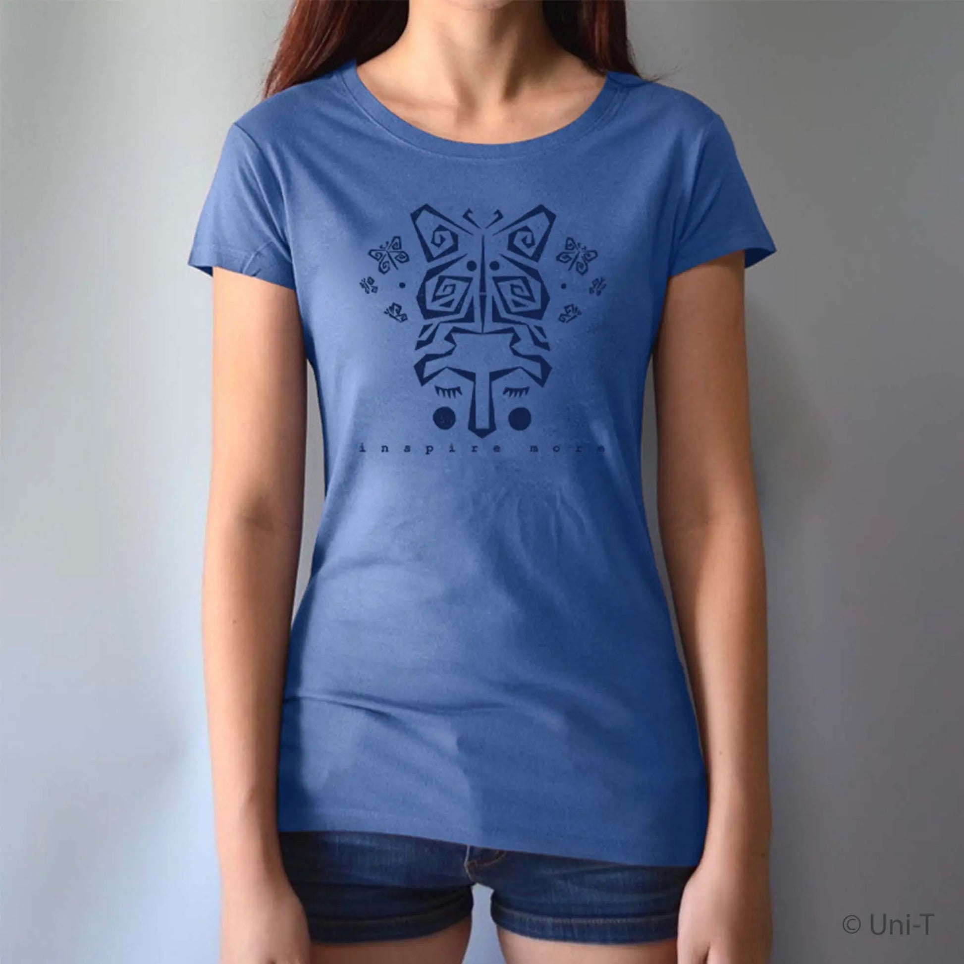 Blue women's bamboo and organic cotton t-shirt with dark butterfly artwork and 'Inspire More' quote. Soft, eco-conscious inspirational top by Uni-T.
