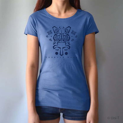 Blue women's bamboo and organic cotton t-shirt with dark butterfly artwork and 'Inspire More' quote. Soft, eco-conscious inspirational top by Uni-T.