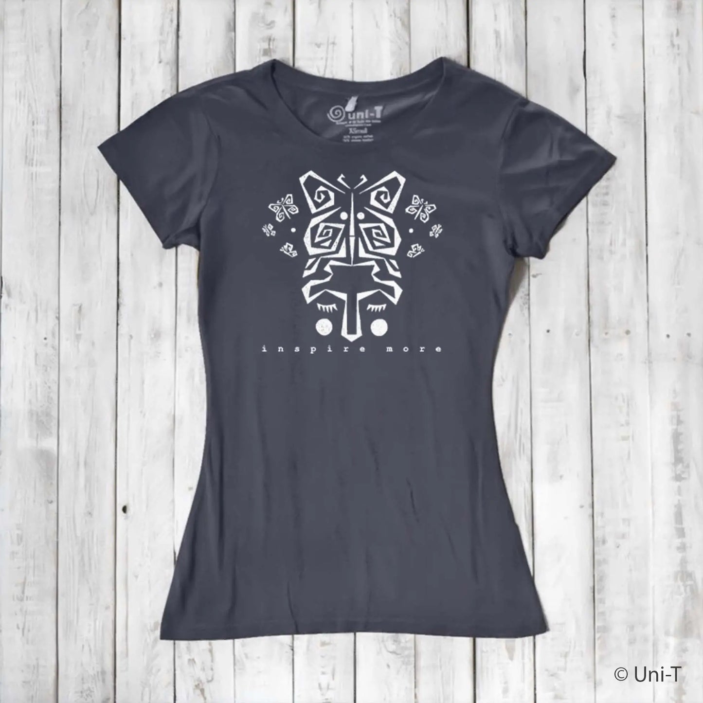 Charcoal gray women's graphic t-shirt in bamboo and organic cotton with white butterfly design and 'Inspire More' text. Nature-themed sustainable fashion.