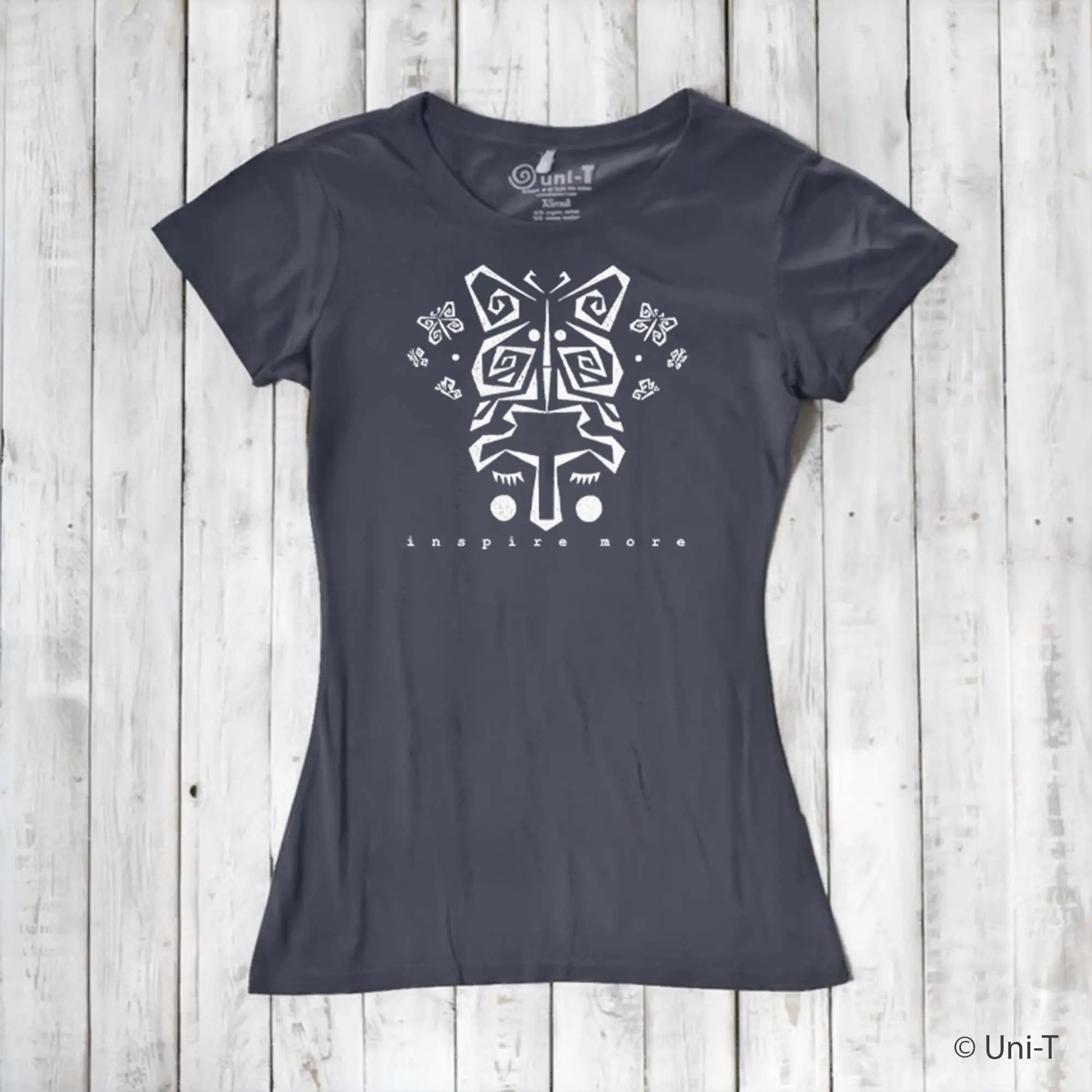 Charcoal gray women's graphic t-shirt in bamboo and organic cotton with white butterfly design and 'Inspire More' text. Nature-themed sustainable fashion.