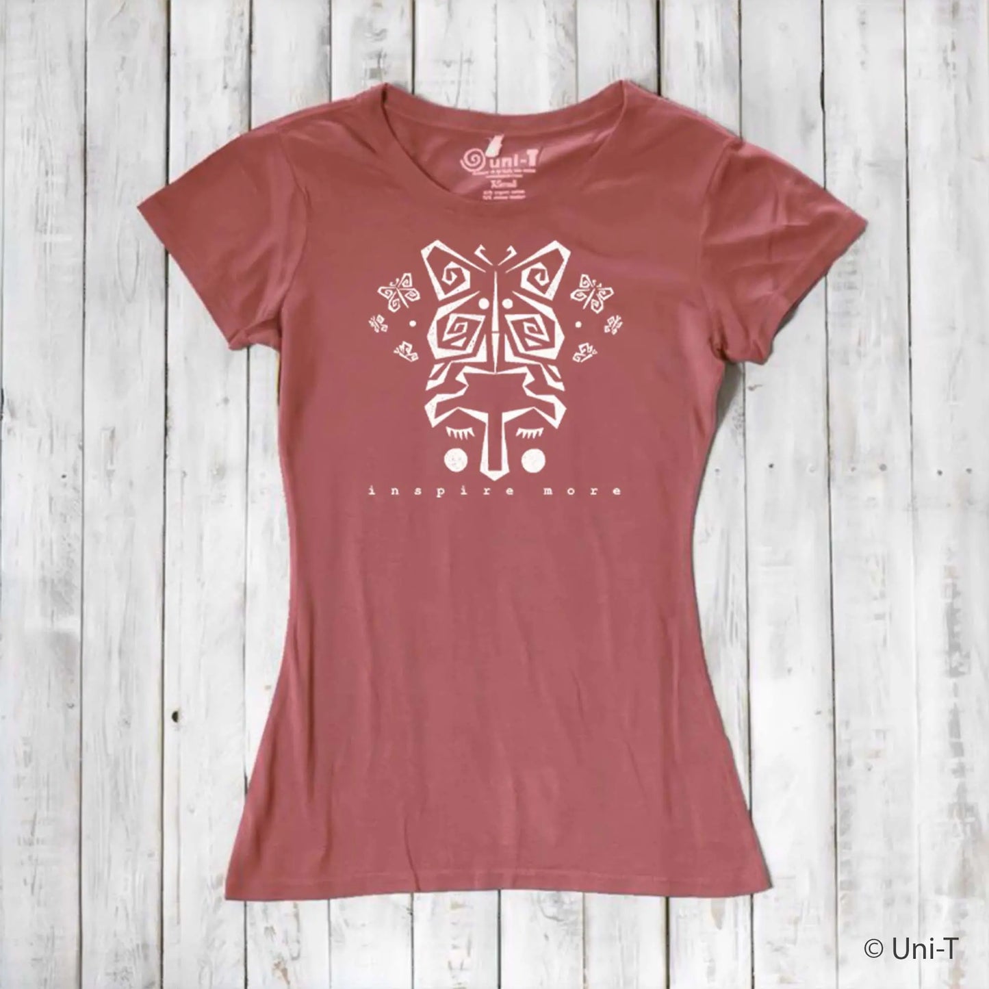 Dusty rose women's t-shirt made from bamboo and organic cotton featuring white butterfly art and 'Inspire More' text. Soft, sustainable gift for nature lovers.