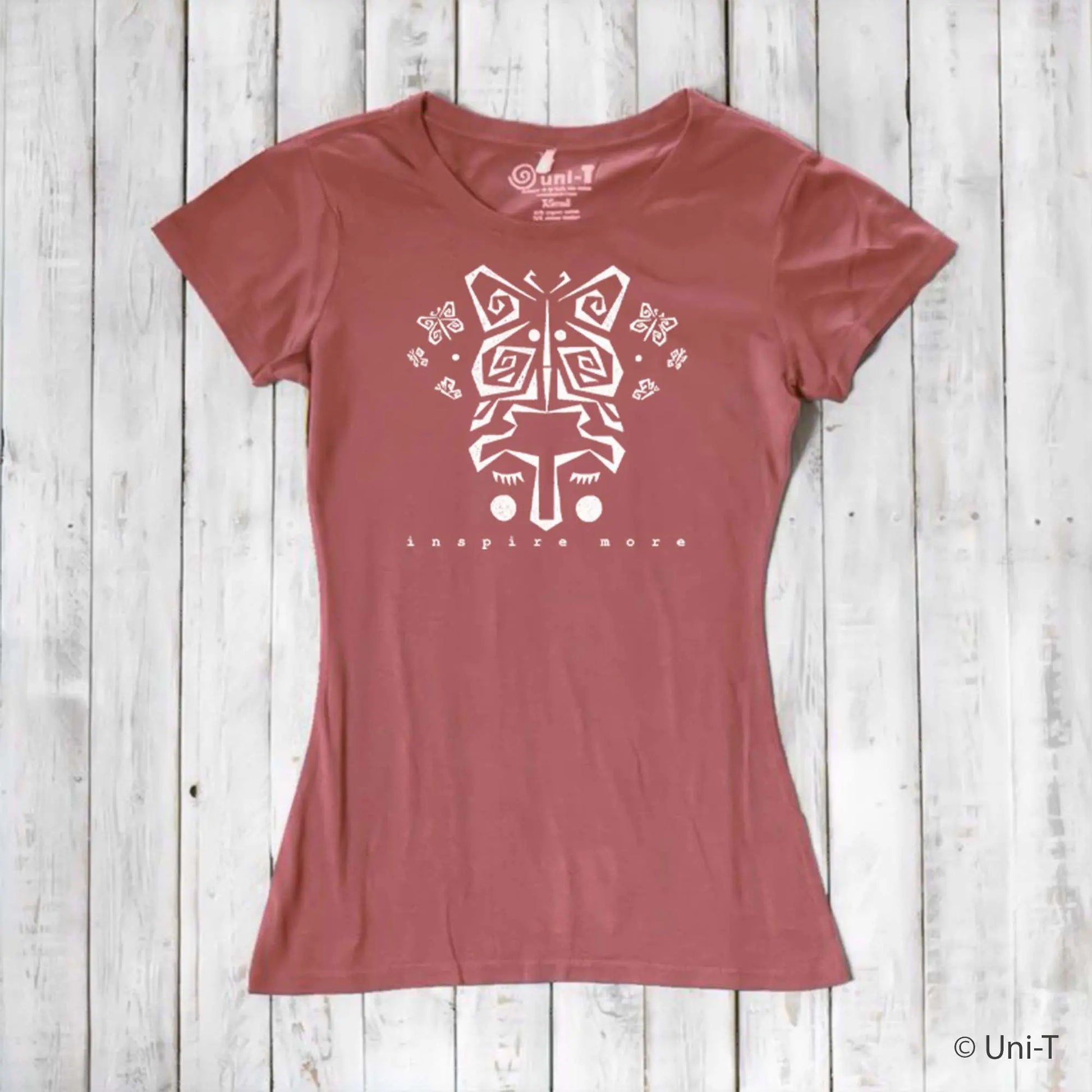 Dusty rose women's t-shirt made from bamboo and organic cotton featuring white butterfly art and 'Inspire More' text. Soft, sustainable gift for nature lovers.