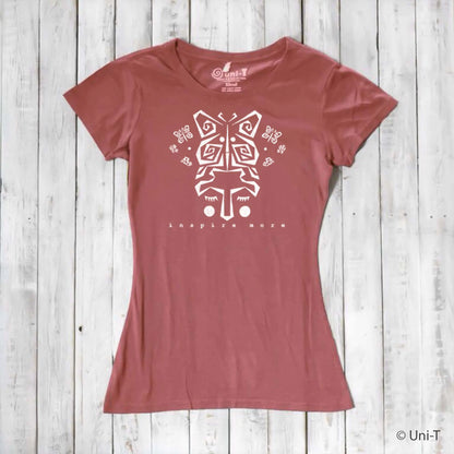 Dusty rose women's t-shirt made from bamboo and organic cotton featuring white butterfly art and 'Inspire More' text. Soft, sustainable gift for nature lovers.