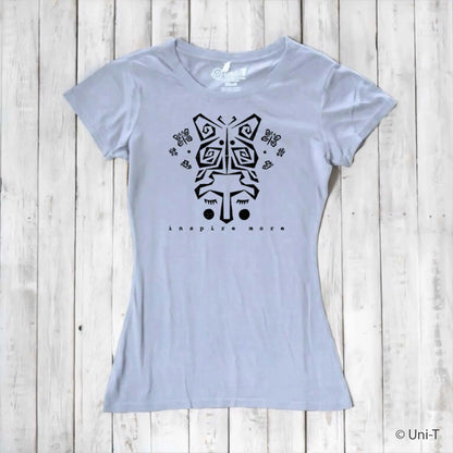 Light gray women's bamboo and organic cotton t-shirt with black butterfly face graphic and 'Inspire More' text. Eco-conscious inspirational clothing.