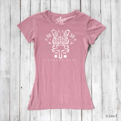 Pink women's bamboo and organic cotton t-shirt with white butterfly artwork and 'Inspire More' message. Sustainable and artistic graphic tee by Uni-T.