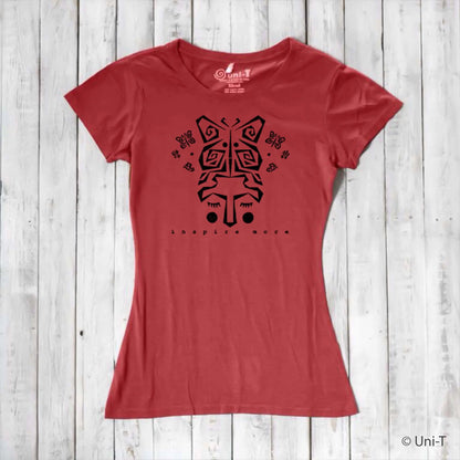 Red women's bamboo and organic cotton t-shirt with bold black butterfly graphic and 'Inspire More' message. Artistic and sustainable nature-themed tee.