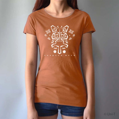 Rust orange women's bamboo and organic cotton t-shirt with white butterfly design and 'Inspire More' text. Eco-friendly inspirational gift idea.