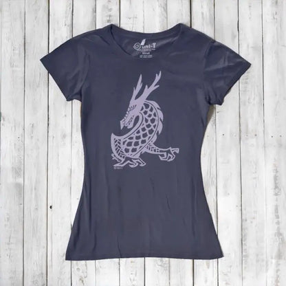 Women's Dragon T-Shirt in dark purple bamboo & organic cotton featuring a mythical creature graphic from Uni-T's fantasy art collection.