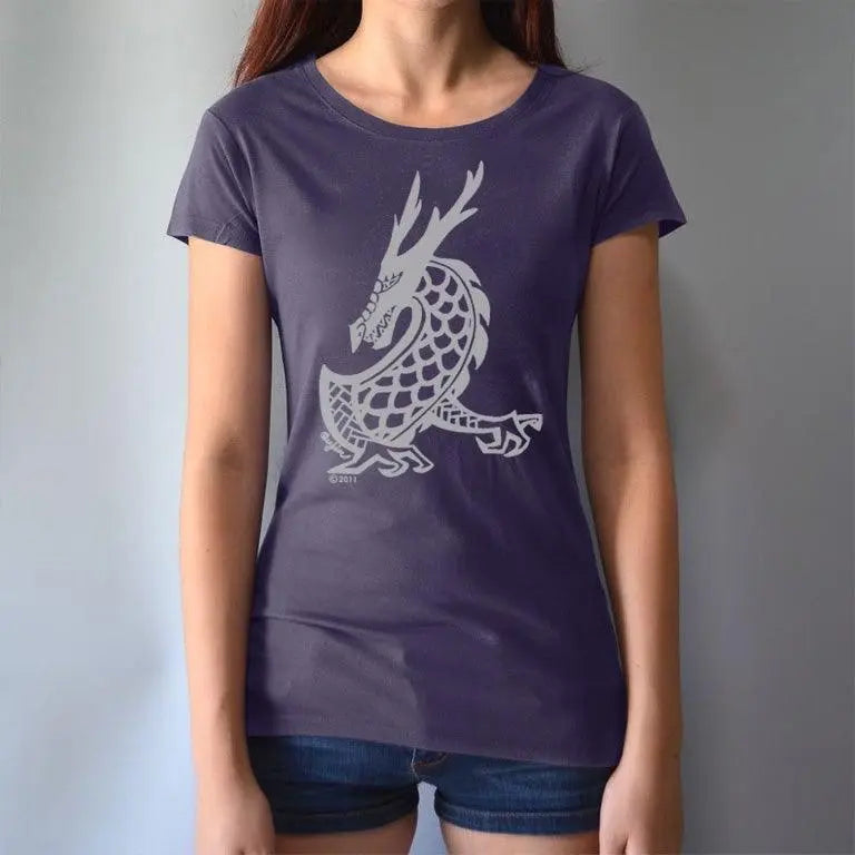 Model wearing Women's Dragon T-Shirt in dark purple bamboo & organic cotton, showcasing Uni-T's fantasy art graphic of a majestic dragon.