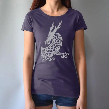 Model wearing Women's Dragon T-Shirt in dark purple bamboo & organic cotton, showcasing Uni-T's fantasy art graphic of a majestic dragon.