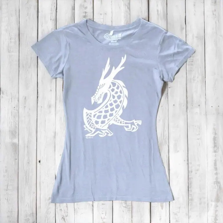 Ivory-toned Women's Dragon T-Shirt in bamboo & organic cotton with a bold white mythical dragon print, ideal fantasy art gift for her.