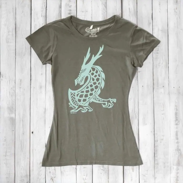 Khaki green Women's Dragon T-Shirt crafted from bamboo & organic cotton, adorned with a light blue fantasy dragon graphic by Uni-T.