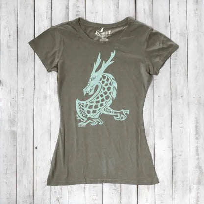 Khaki green Women's Dragon T-Shirt crafted from bamboo & organic cotton, adorned with a light blue fantasy dragon graphic by Uni-T.