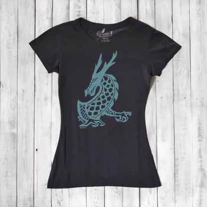 Black Women's Dragon T-Shirt in bamboo & organic cotton with a teal mythical dragon graphic, part of Uni-T's fantasy art apparel line.