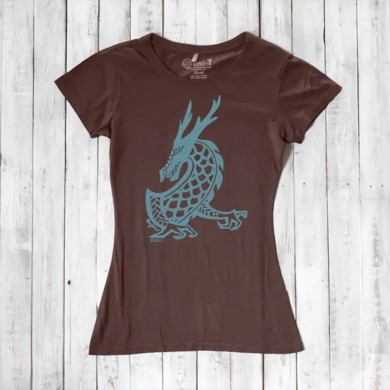 Dark brown Women's Dragon T-Shirt made from bamboo & organic cotton, showcasing a teal fantasy dragon print for a bold mythical look.