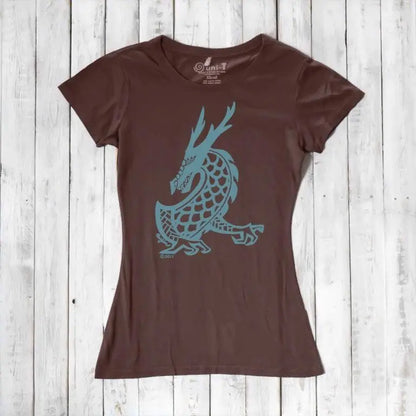 Dark brown Women's Dragon T-Shirt made from bamboo & organic cotton, showcasing a teal fantasy dragon print for a bold mythical look.