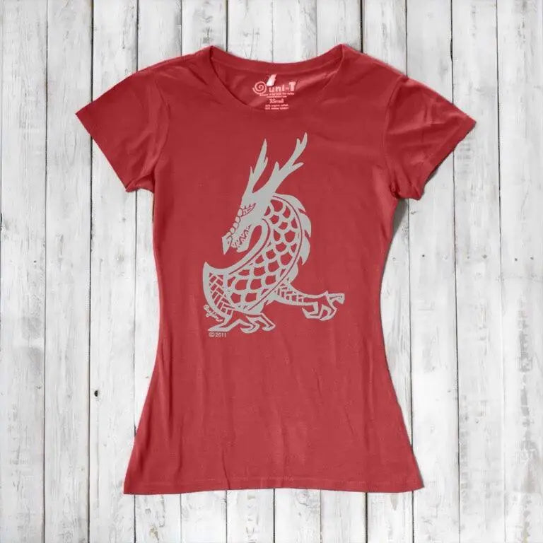 Red clay Women's Dragon T-Shirt in bamboo & organic cotton, detailed with a light grey fantasy dragon graphic from Uni-T's creature series.