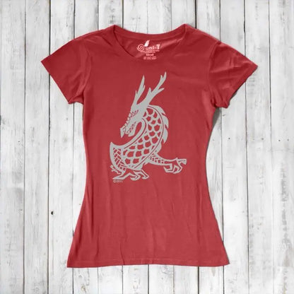 Red clay Women's Dragon T-Shirt in bamboo & organic cotton, detailed with a light grey fantasy dragon graphic from Uni-T's creature series.