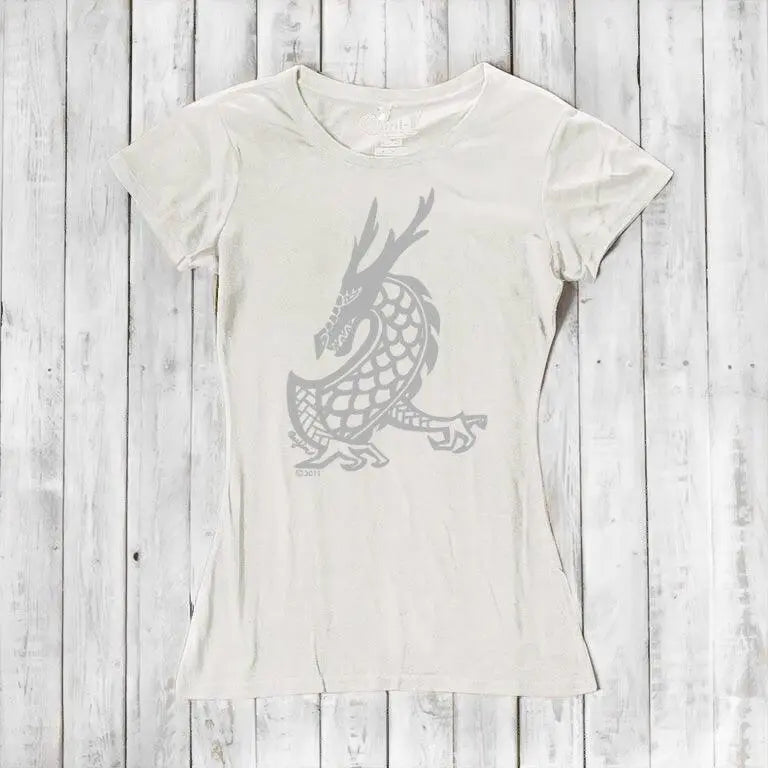 Ivory Women's Dragon T-Shirt in bamboo & organic cotton, featuring a subtle grey dragon graphic for a soft fantasy-inspired fashion statement.