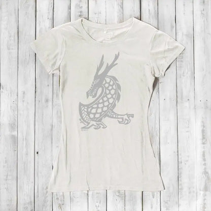 Ivory Women's Dragon T-Shirt in bamboo & organic cotton, featuring a subtle grey dragon graphic for a soft fantasy-inspired fashion statement.